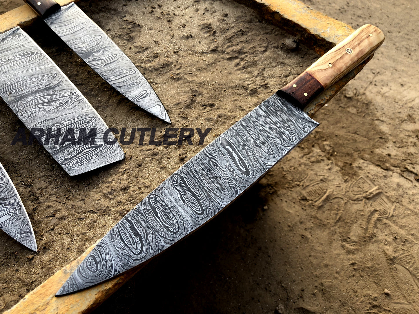 Damascus Steel Kitchen Knife Set , Hard Wood 4 PCS Hand Forged Chef Set With Leather Roll Kit