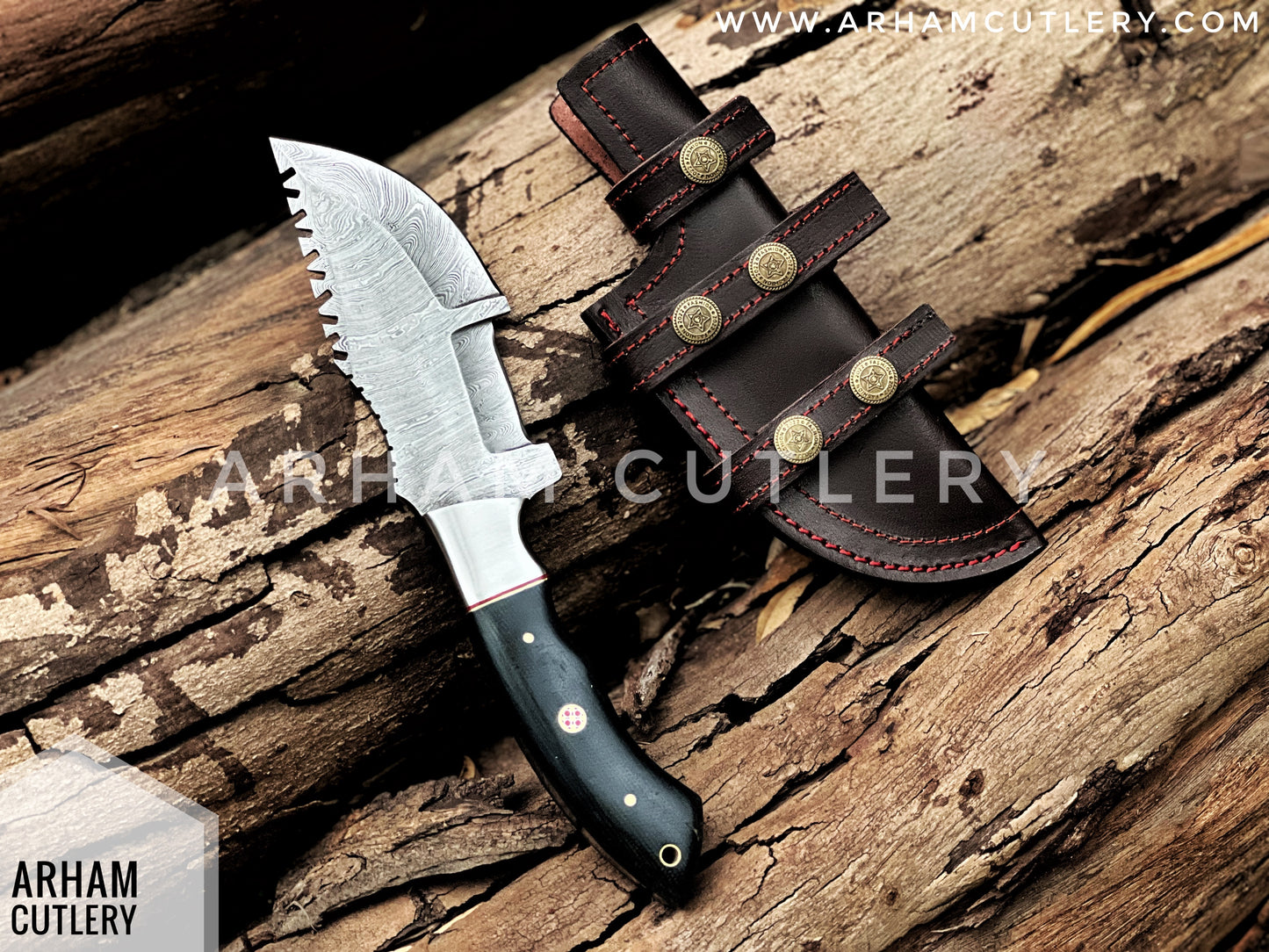 Handcrafted Damascus Steel Tracker Knife - Micarta Handle & Leather Sheath