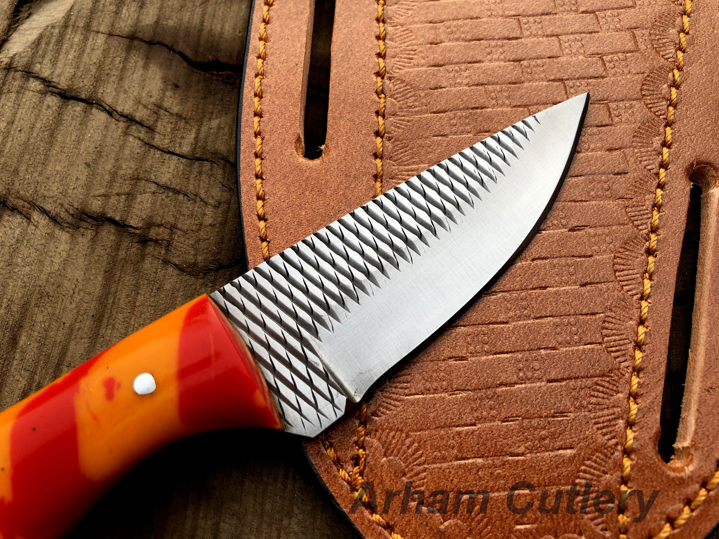 Custom Hand Forged Ferrier Rasp File Skinning Knife With Cross Draw Leather Sheath , Arham Cutlery