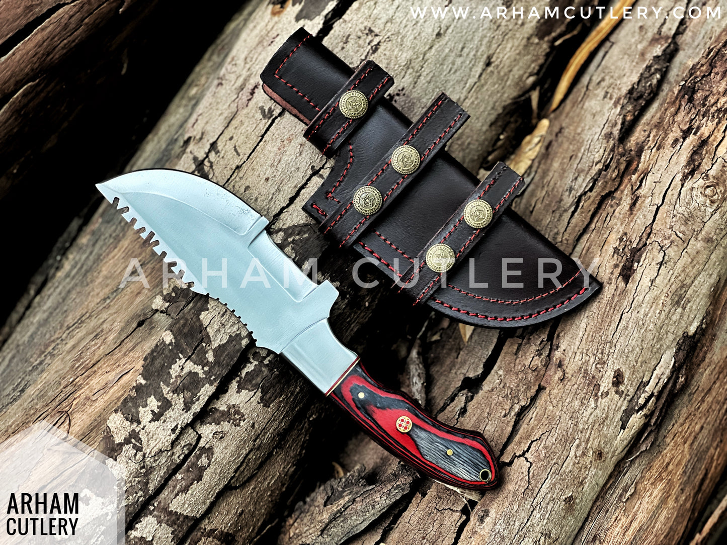 Handcrafted D2 Steel Tracker Knife - Pakkah Wood Handle & Leather Sheath