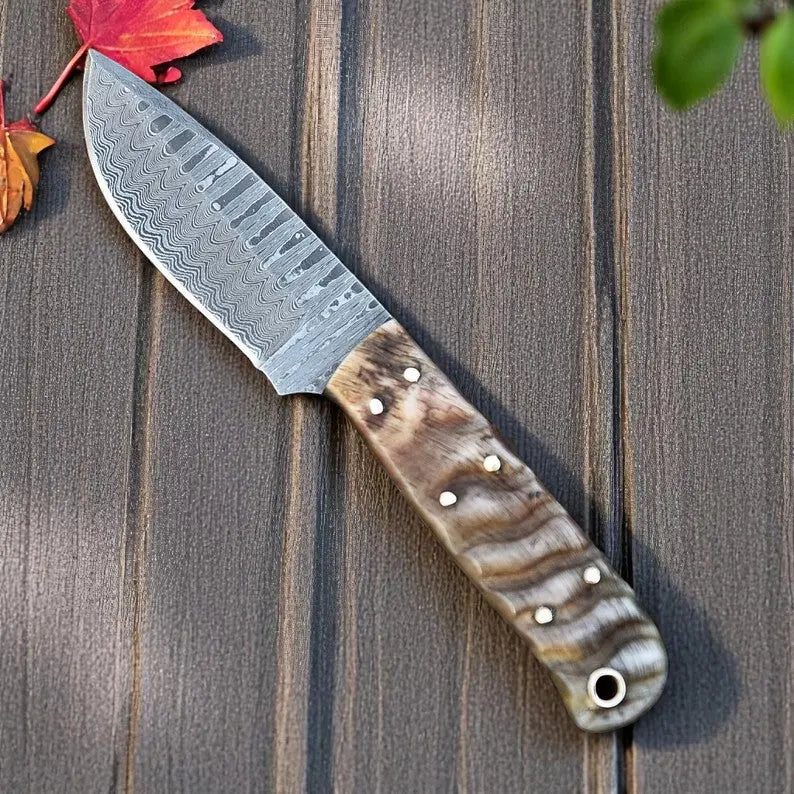 Handmade Damascus Steel Knife with Ram Horn Handle – 4.5” Blade - Arham Cutlery