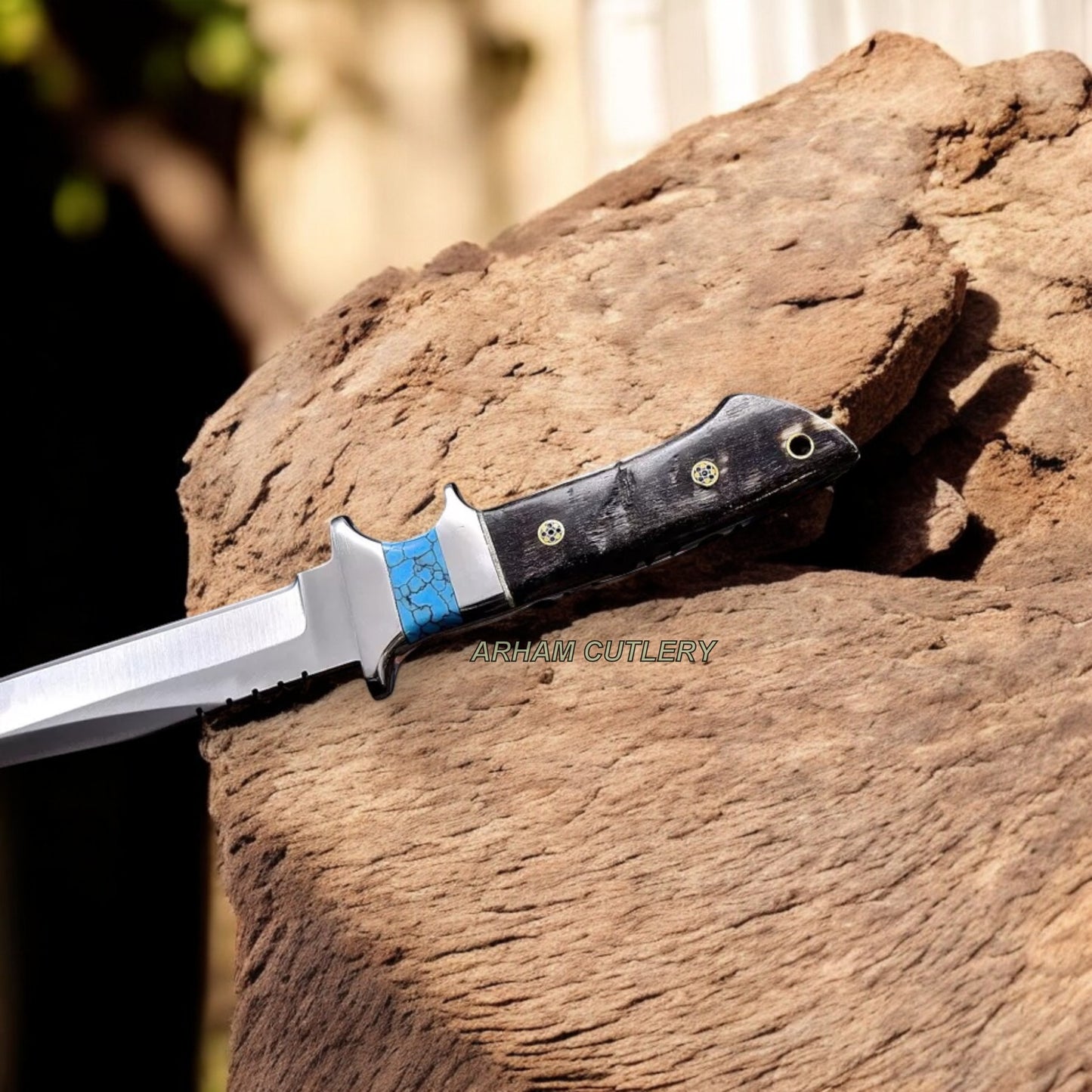 Handmade ATS 34 Custom SHEEP HORN TURQUOISE Sub Hilt Hunting Sport Knife Arham Cutlery