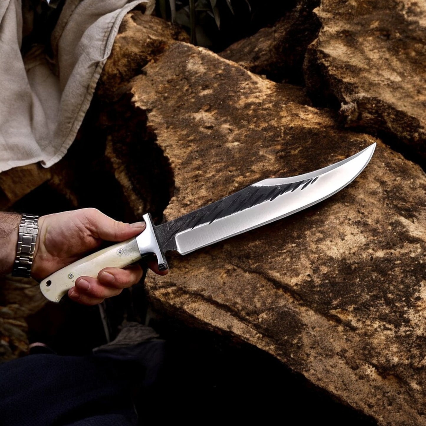 Handmade AUS 10 Custom Camel Bone Large Western Bowie Hunting Camping Knife