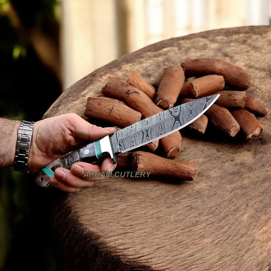 Handmade Damascus Custom Sheep Horn Hunting Sport Knife Arham Cutlery