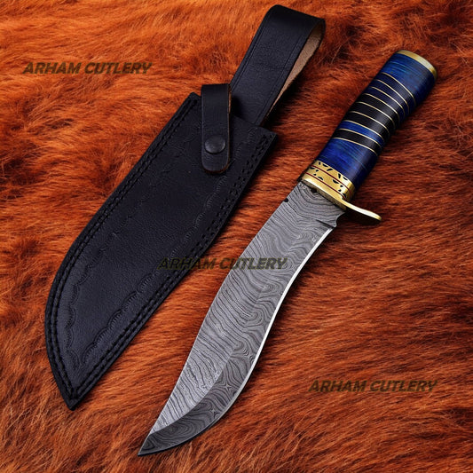 Handmade Damascus Steel Blue Hunting Bowie Knife With Leather Sheath