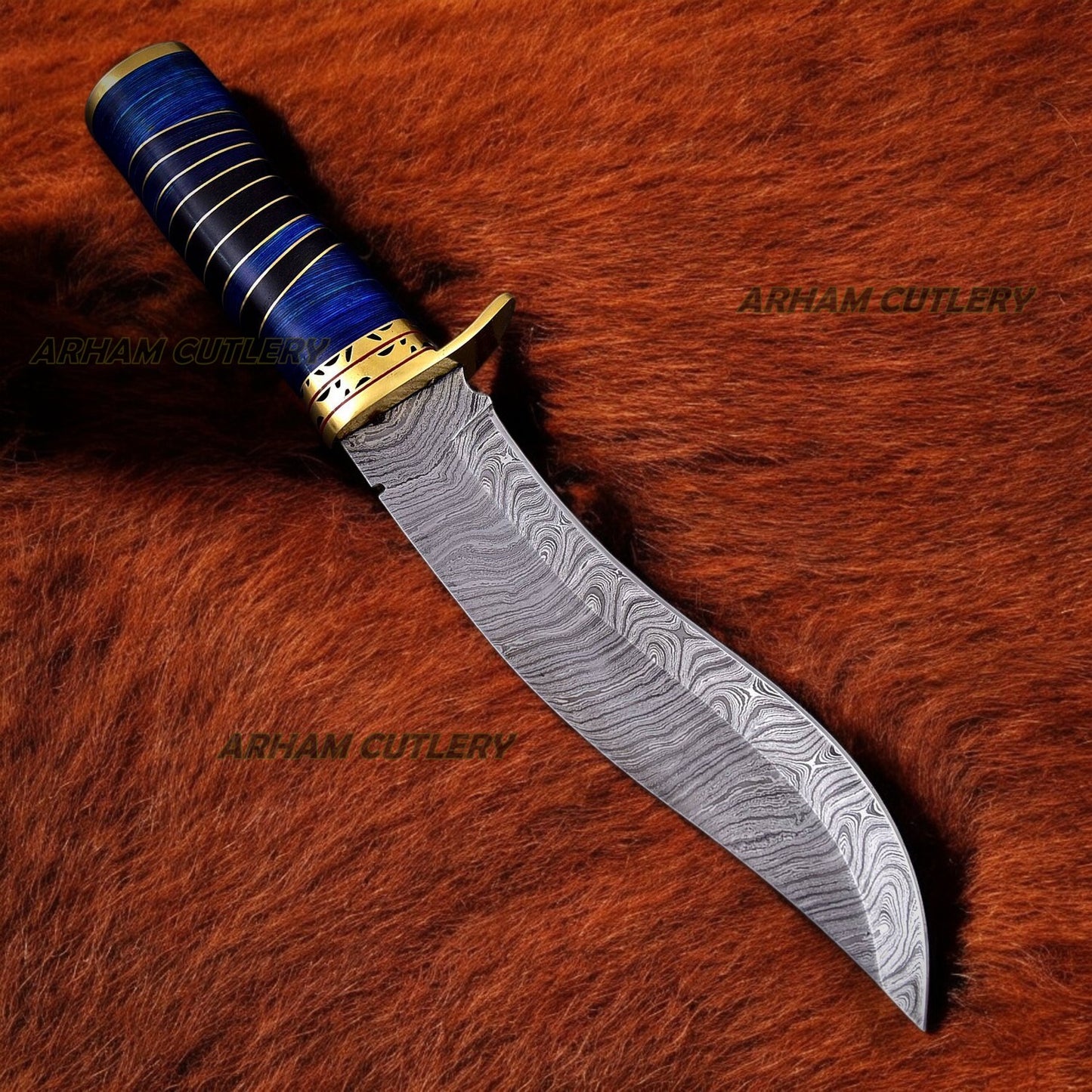 Handmade Damascus Steel Blue Hunting Bowie Knife With Leather Sheath