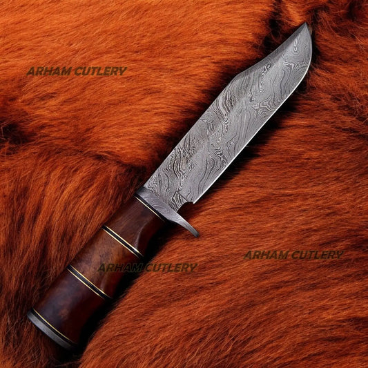 Handmade Damascus Steel Hunting Bowie Knife With Rose Wood Handle