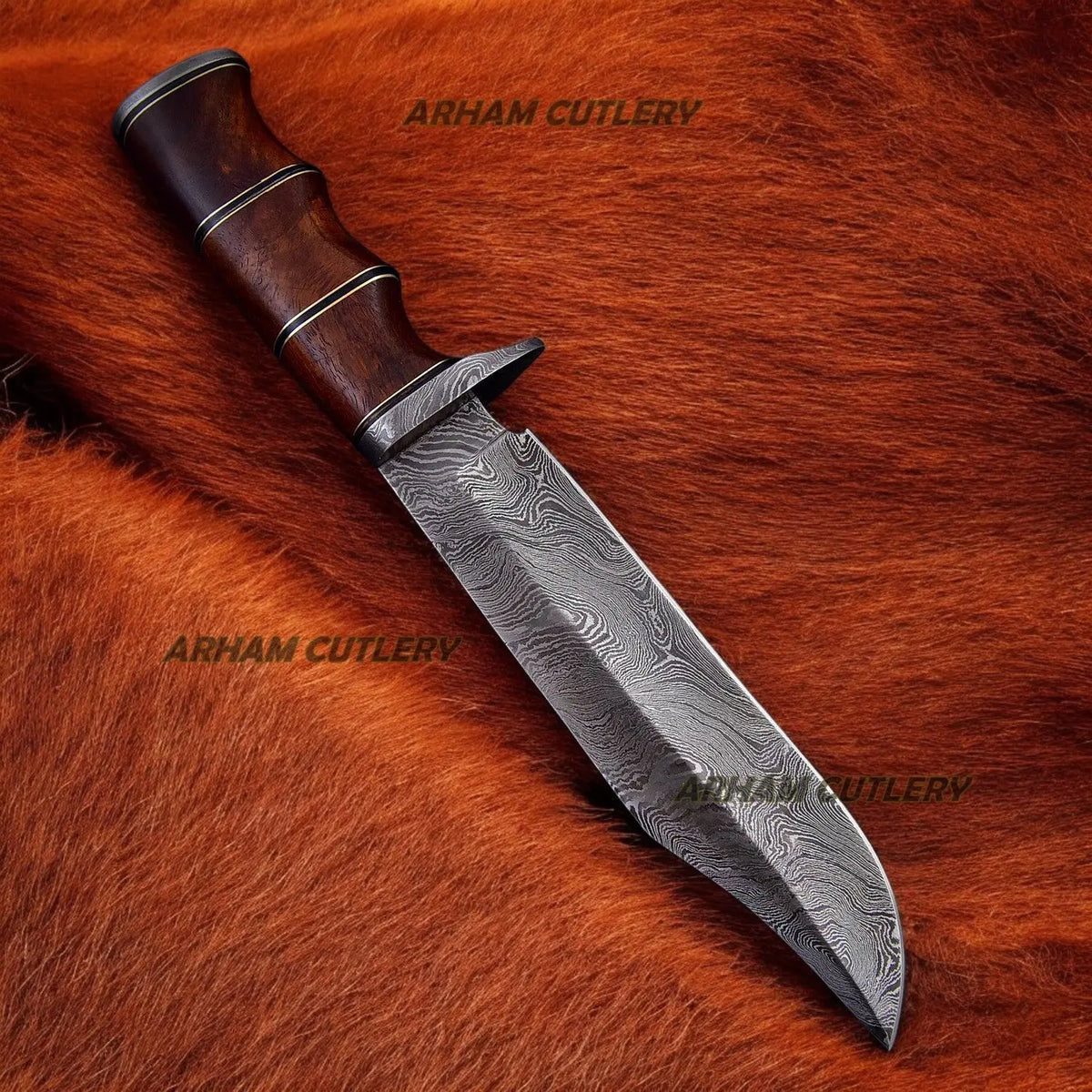 Handmade Damascus Steel Hunting Bowie Knife With Rose Wood Handle