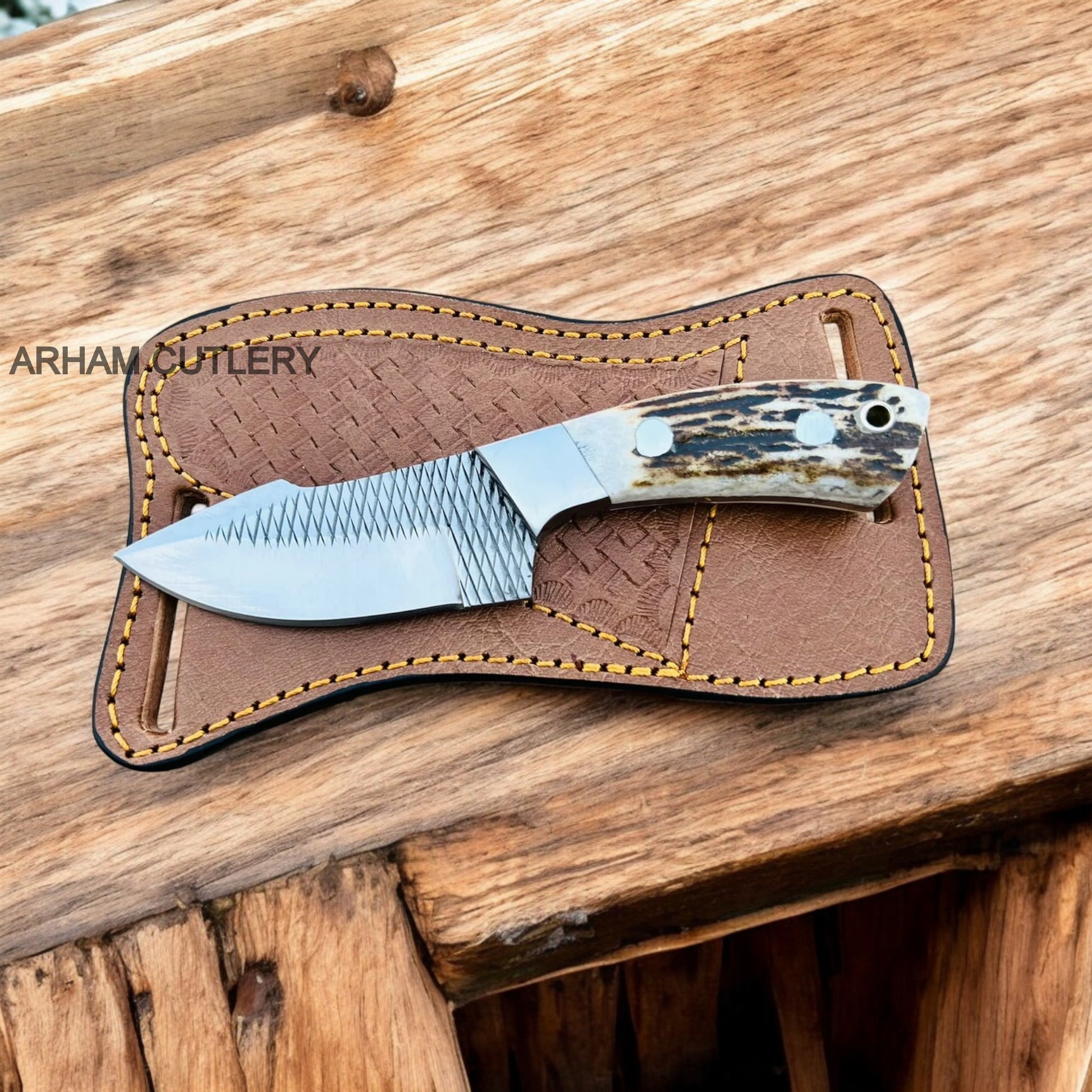 Handmade Stag Horn Knife With Rasp File Blade and Leather Sheath