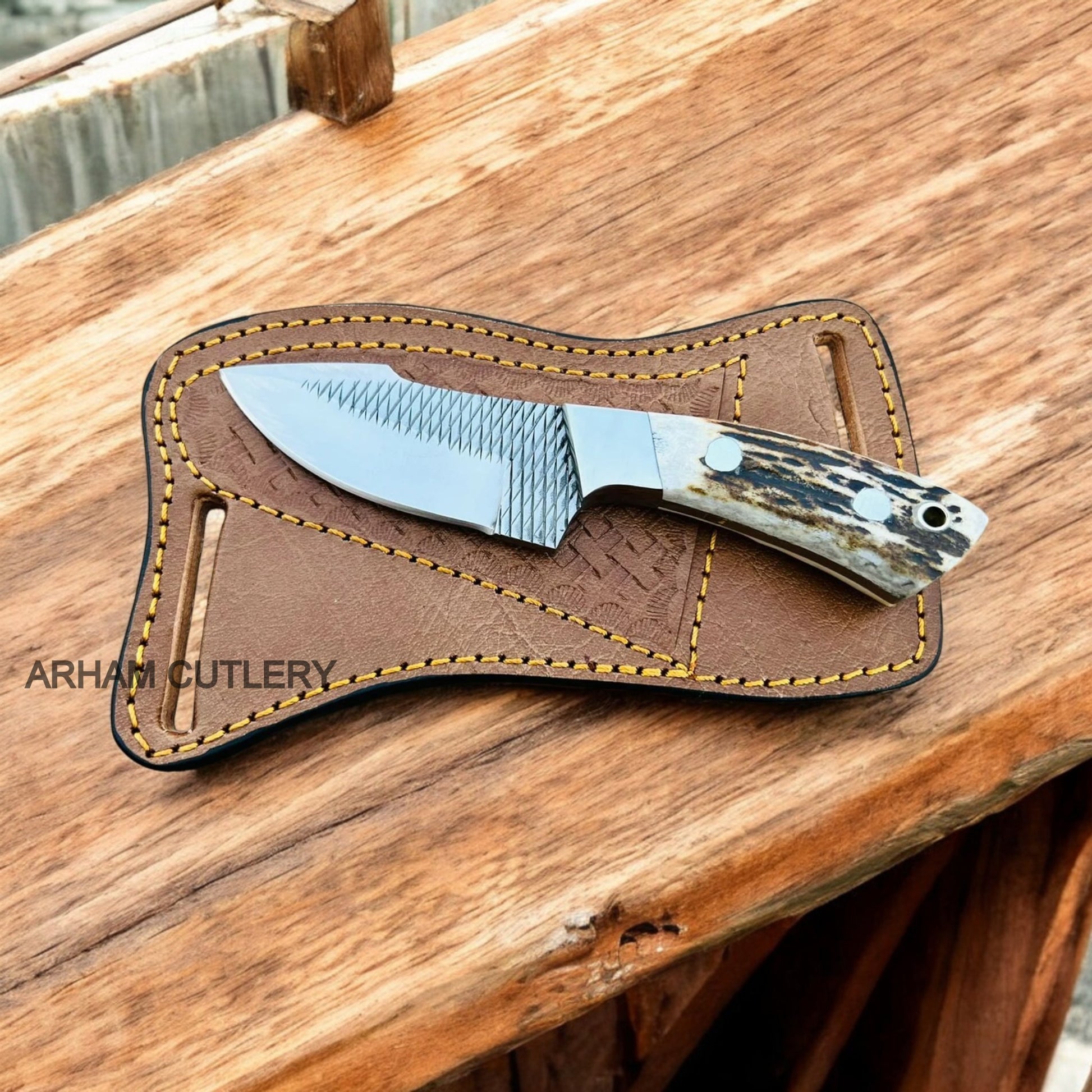Handmade Stag Horn Knife With Rasp File Blade and Leather Sheath