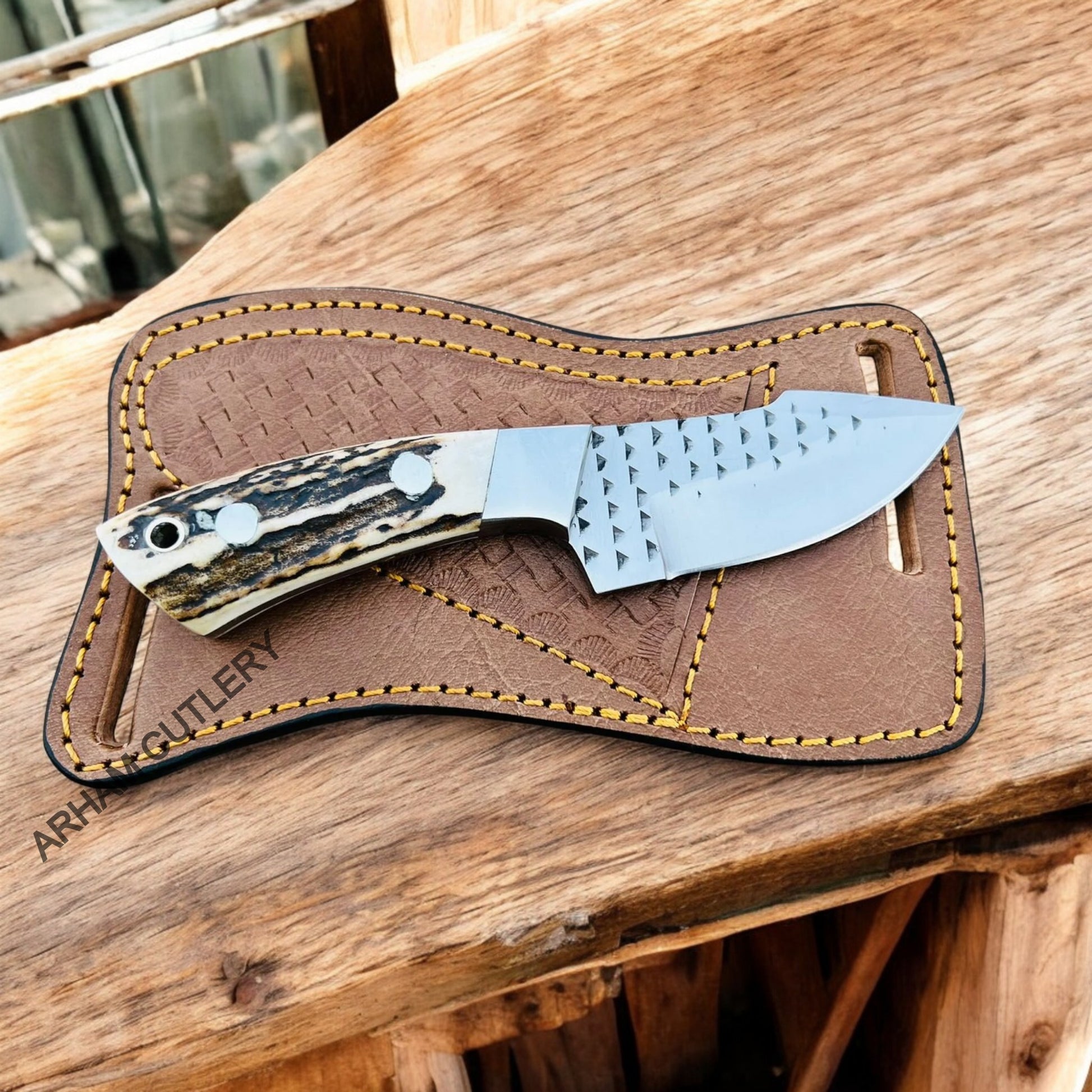 Handmade Stag Horn Knife With Rasp File Blade and Leather Sheath