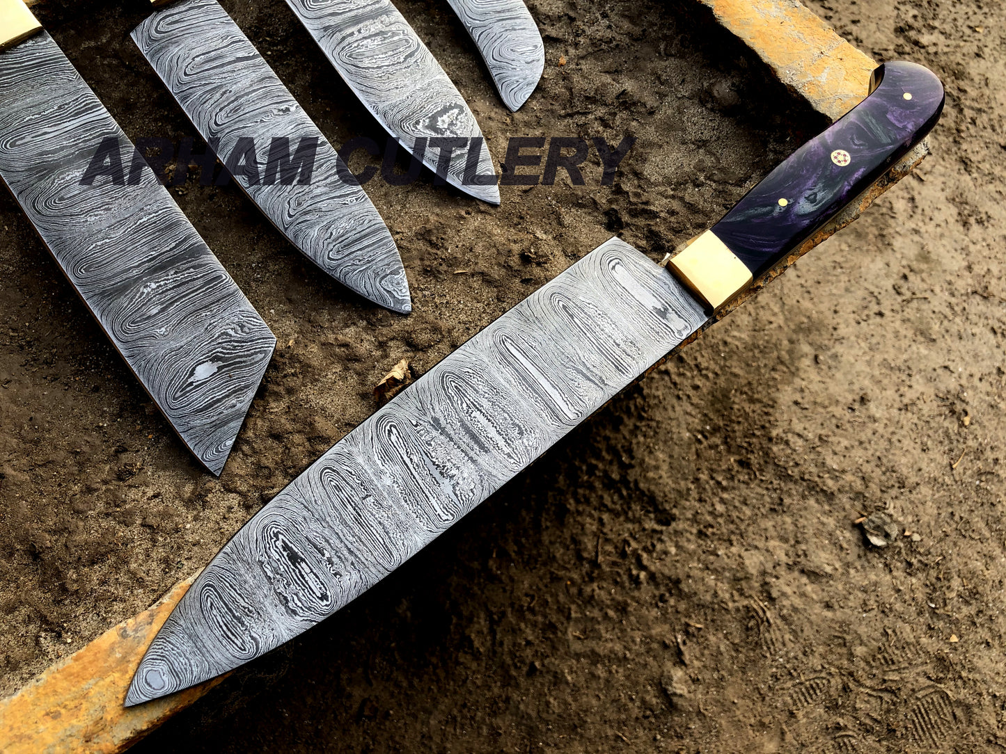 Damascus Steel Hand Forged Set Of 5 With Leather Roll Kit , Kitchen Knife , Arham Cutlery
