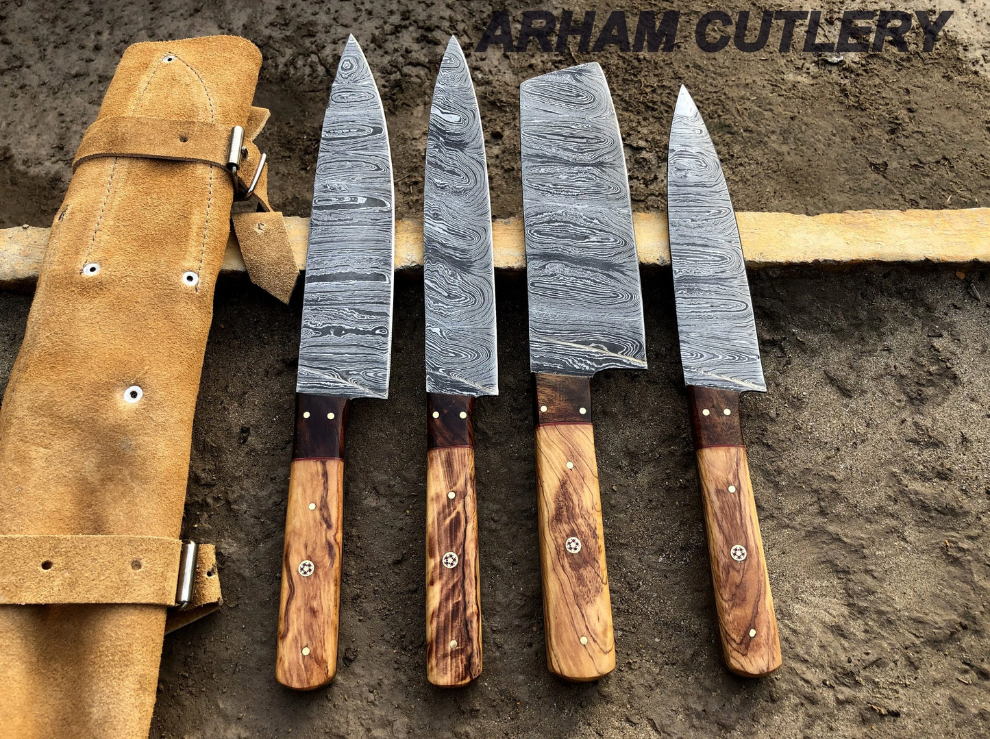 Damascus Steel Kitchen Knife Set , Hard Wood 4 PCS Hand Forged Chef Set With Leather Roll Kit Arham Cutlery