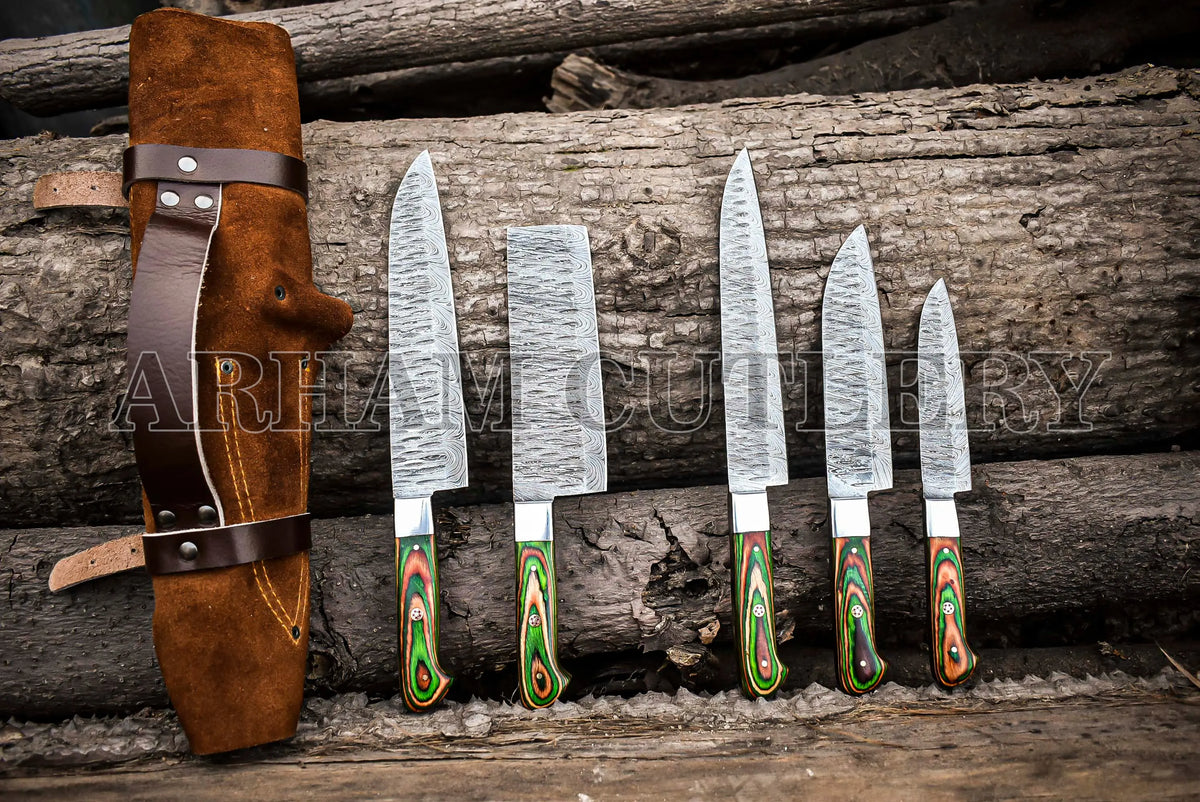 Custom Made Damascus Steel Kitchen Knife Set With Leather Roll Kit Arham Cutlery