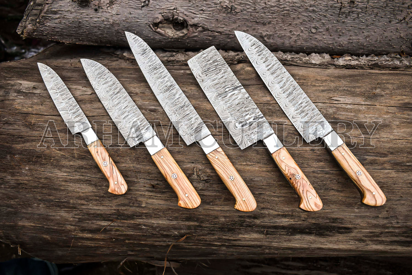 Handmade Kitchen Knife Set , Damascus Steel 5 PCS Hand Forged Chef Knife Set With Leather Roll Kit
