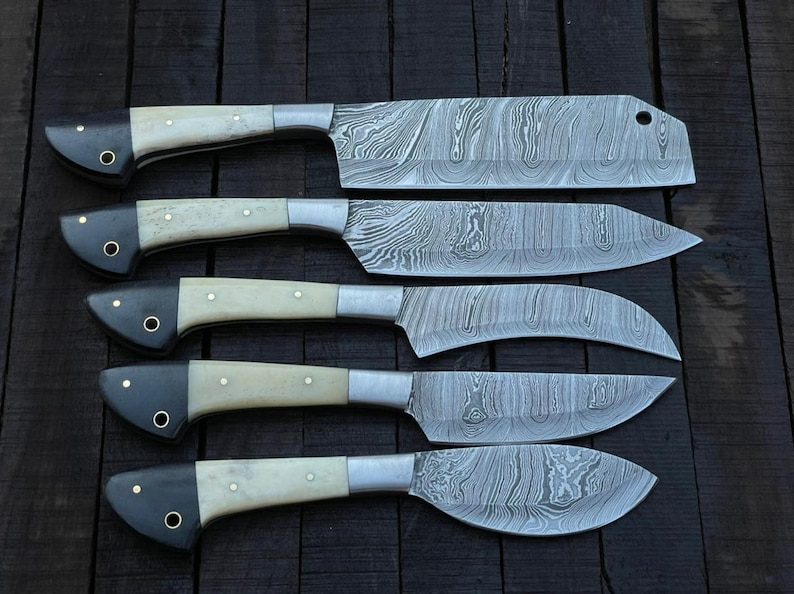 Damascus Blade Kitchen/Chef Knife Set 5 pieces, Unique Hand Forged Kitchen Knives Set , Arham Cutlery