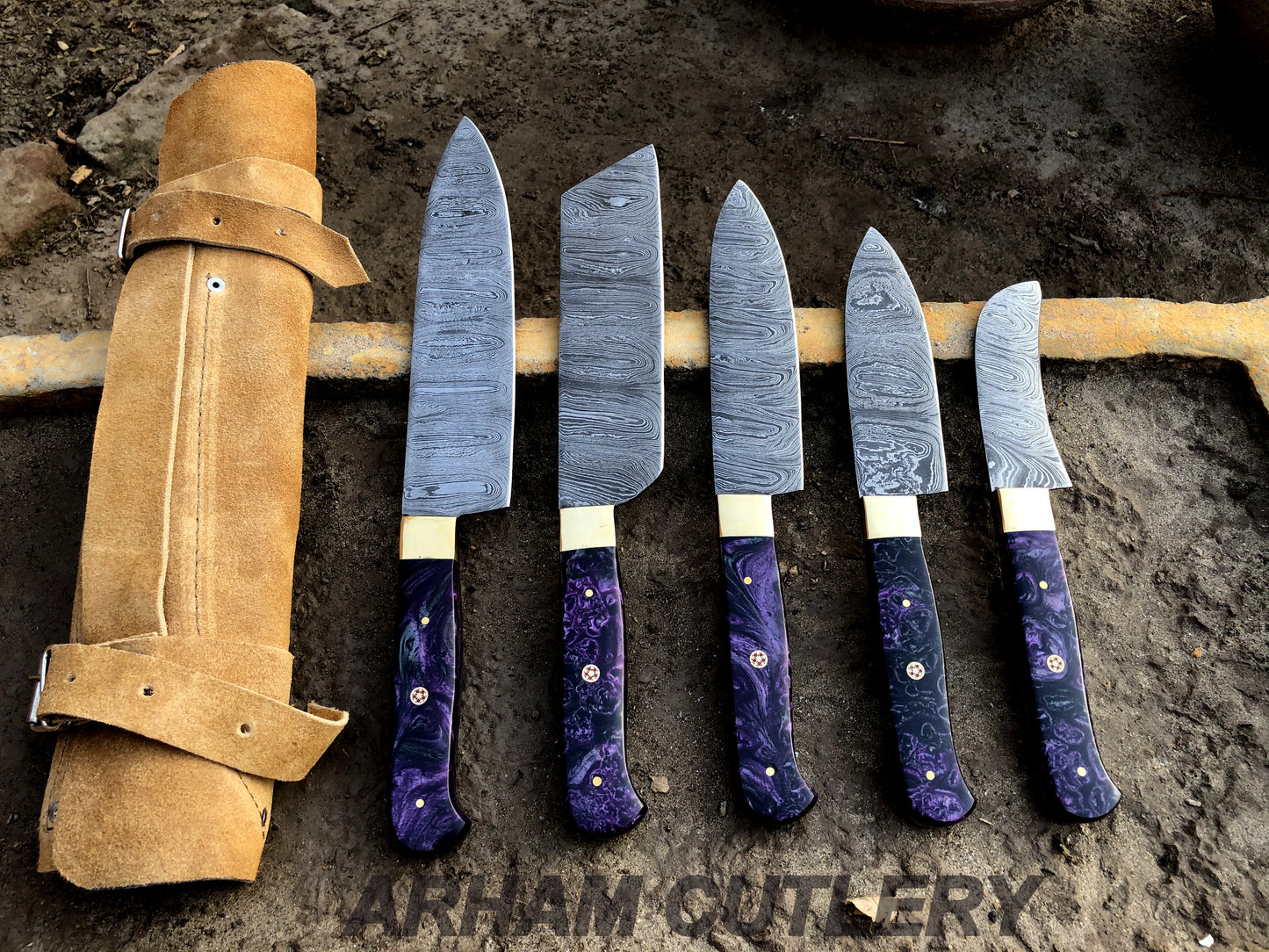 Damascus Steel Hand Forged Set Of 5 With Leather Roll Kit , Kitchen Knife , Arham Cutlery