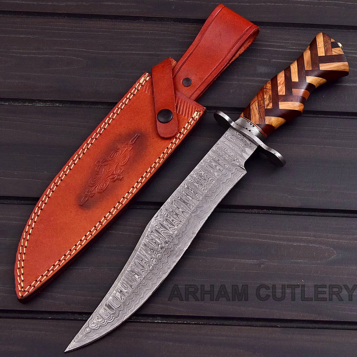 Handmade Damascus Steel Hunting Bowie Knife With Leather Sheath Arham Cutlery
