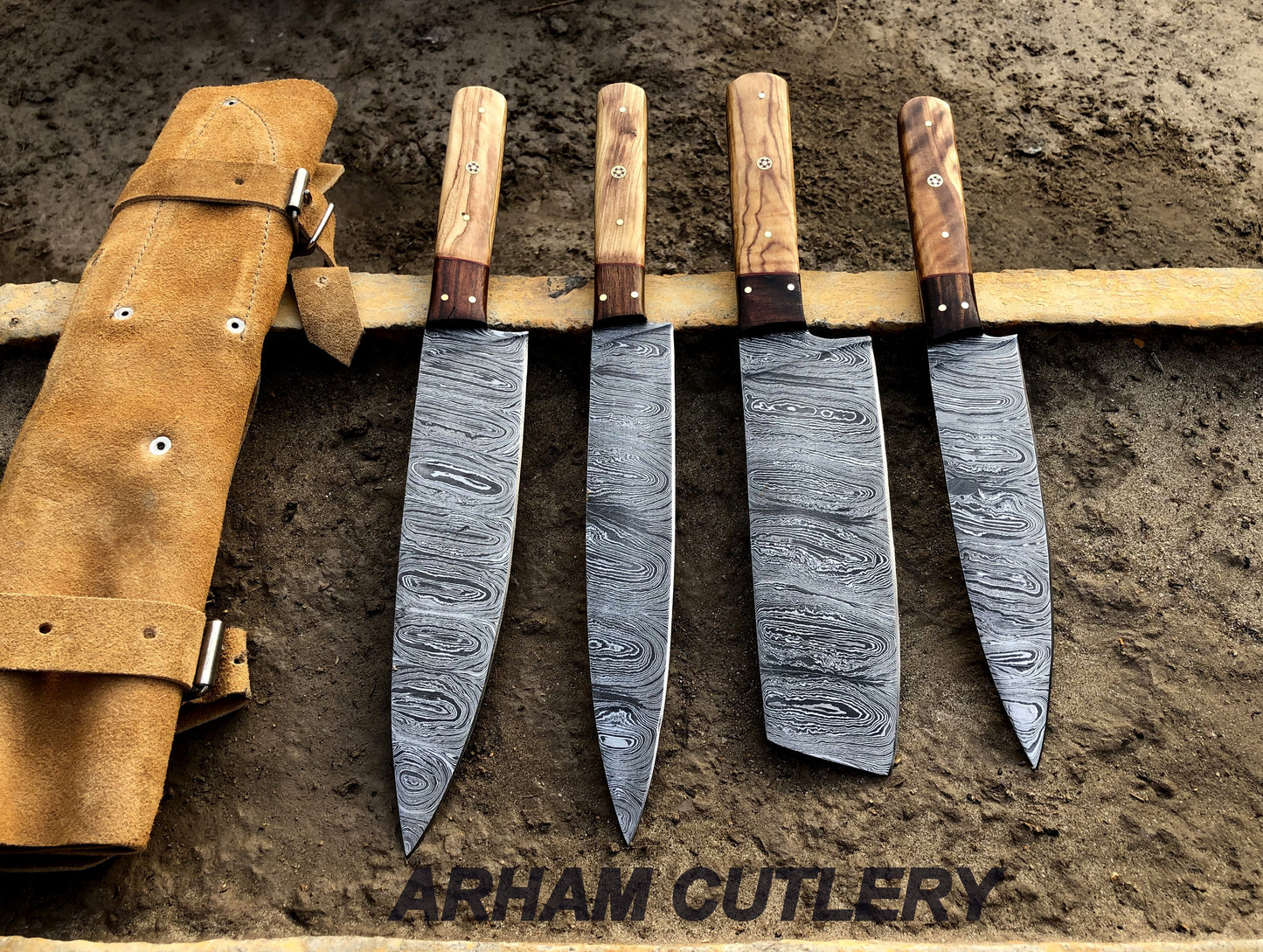 Damascus Steel Kitchen Knife Set , Hard Wood 4 PCS Hand Forged Chef Set With Leather Roll Kit