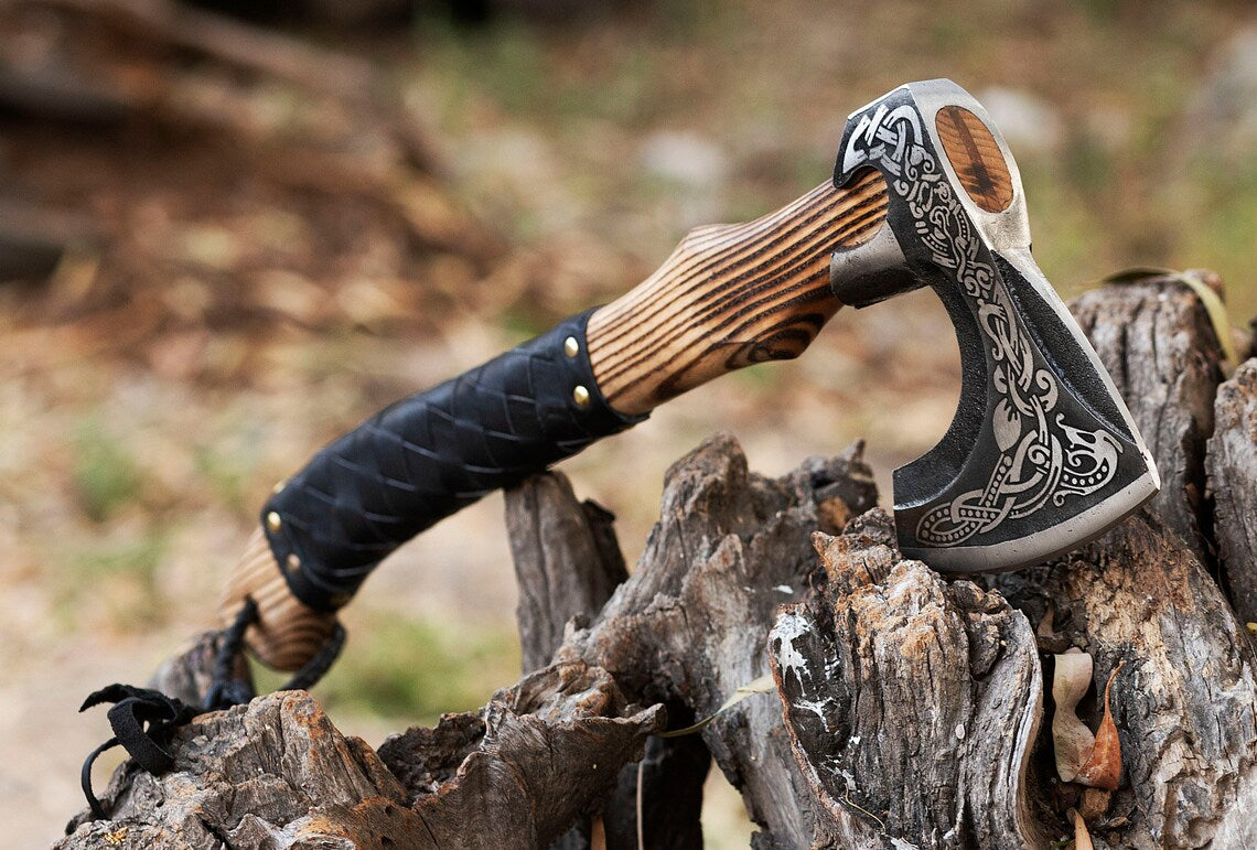 Custom Handforged Carbon Steel Viking Axe Ash Wood Shaft With Leather Sheath , Arham Cutlery