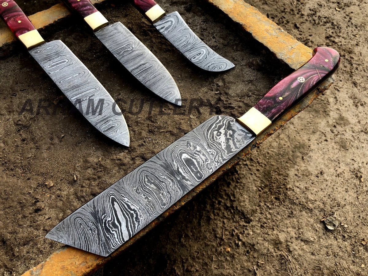 Damascus Steel Kitchen Knife Set , Resin Mold 5 PCS Hand Forged Chef Set With Leather Roll Kit , Arham Cutlery Arham Cutlery