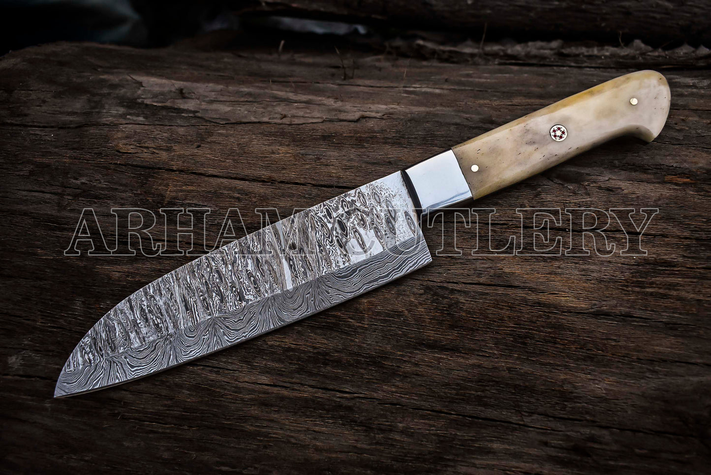 Handmade Damascus Steel Camel Bone Kitchen Knife Chef Set