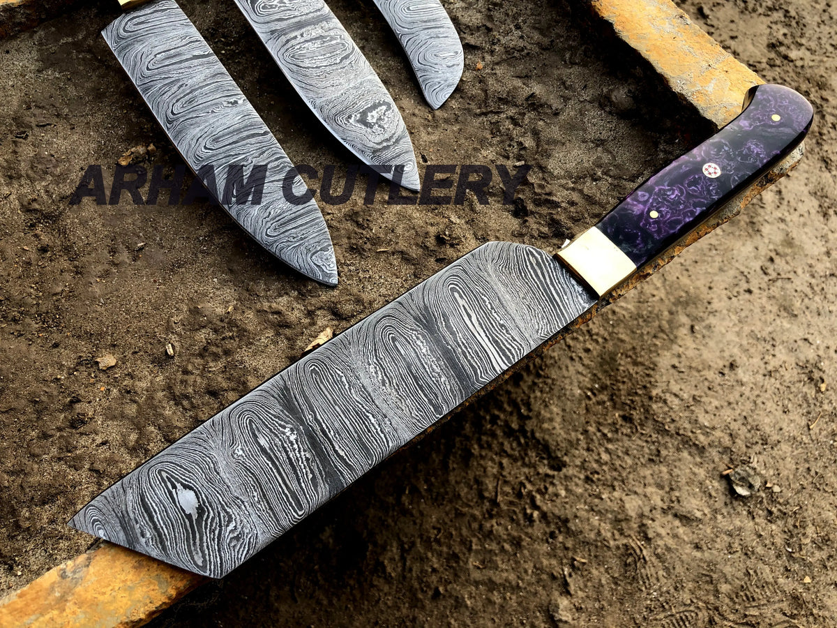Damascus Steel Hand Forged Set Of 5 With Leather Roll Kit , Kitchen Knife , Arham Cutlery - Arham Cutlery