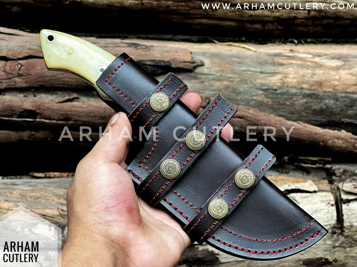 Handmade Damascus Steel Tracker Knife - Camel Bone Handle & Leather Sheath , Best Outdoor Knife Arham Cutlery