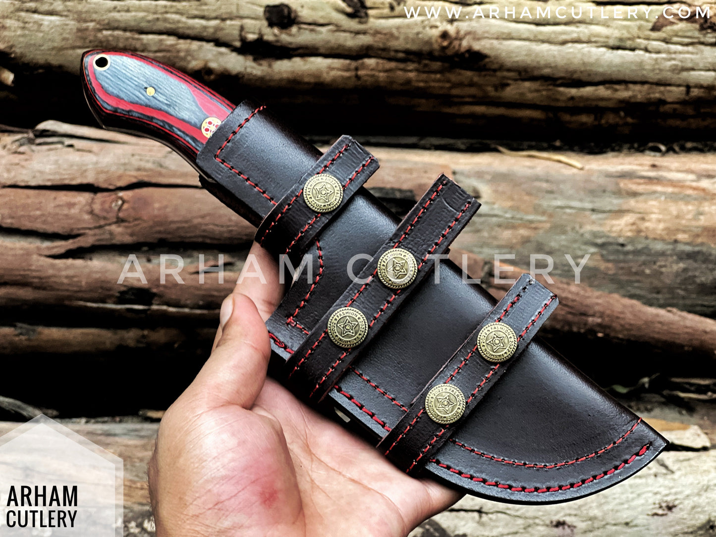 Handcrafted D2 Steel Tracker Knife - Pakkah Wood Handle & Leather Sheath Arham Cutlery