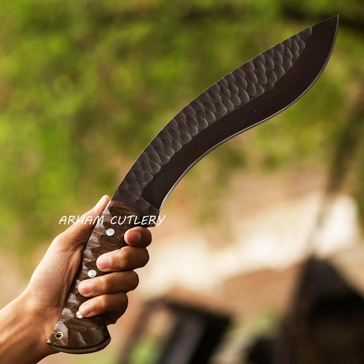 Handmade Kukri machete knife with hammered blade and wooden handle, includes leather sheath by Arham Cutlery