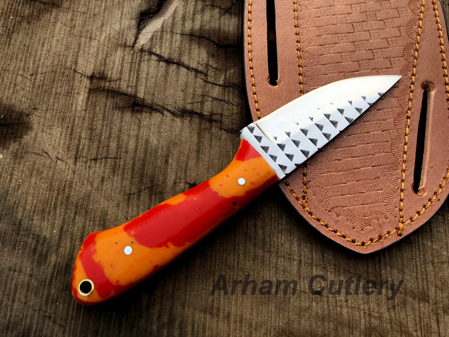 Custom Hand Forged Ferrier Rasp File Skinning Knife With Cross Draw Leather Sheath , Arham Cutlery