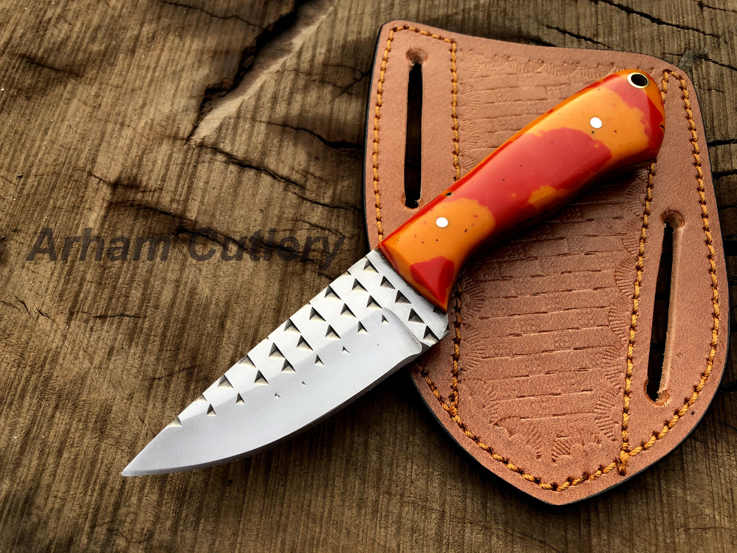 Custom Hand Forged Ferrier Rasp File Skinning Knife With Cross Draw Leather Sheath , Arham Cutlery