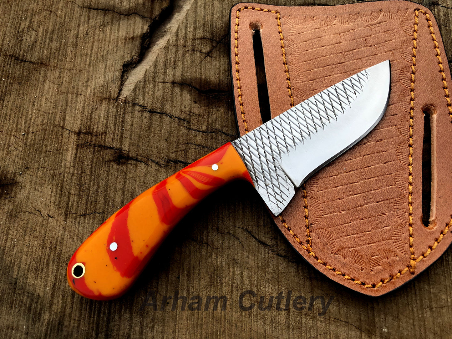 Handmade Ferrier Rasp File Skinning Knife With Cross Draw Leather Sheath , Arham Cutlery