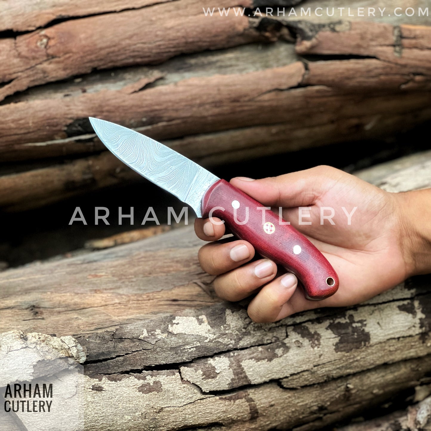 Aurora Handmade Damascus Steel EDC Knife with Leather Sheath Hand Forged ,Arham Cutlery