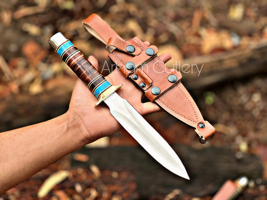 Viking Fork-Beard D2 Steel Hand Forged Fixed Blade Knife With Leather Sheath , Stacked Leather With Blue Turquoise Stone Handle - Arham Cutlery