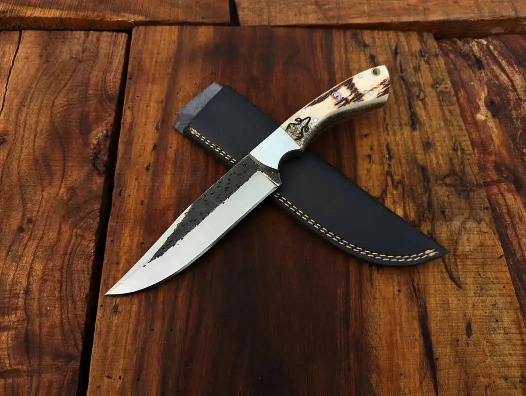 The Wildfang – Handmade Hunting Knife with Stag Antler Handle | 12C27 Acid Etched Steel - Arham Cutlery