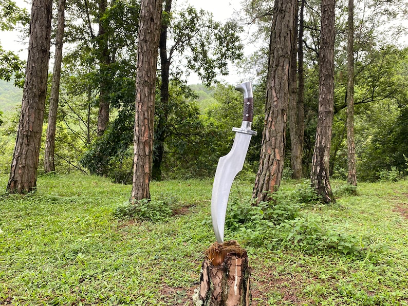 Hand Forged Ancient Curved Tactical Knife-Functional & Sharpened Survival Hunting Knife-14 Inch 5160 Carbon Steel Blade Viking Gift for Dad | Arham Cutlery