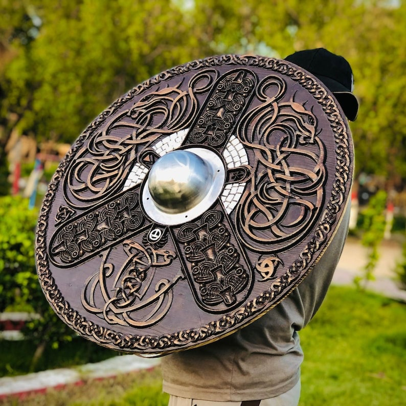 Hand-Carved Viking Dragon Shield, Norse Inspired Decor Shield, Viking Round Shield, Cosplay Shield, Viking Gift, Birthday & Anniversary Gift | Arham Cutlery Arham Cutlery