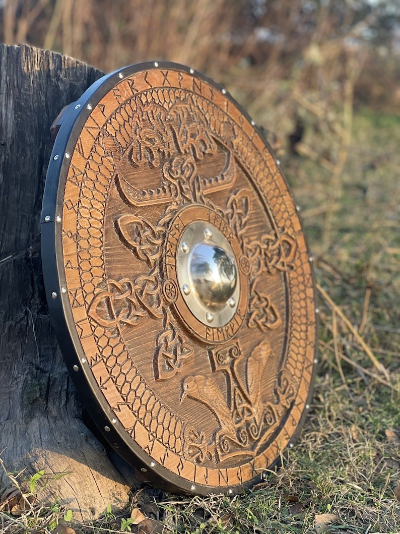 Custom Norse\Viking Shield, Medieval Round Shield, Carved Viking Gift, Wall Decor, Cosplay Shield, Birthday&Wedding Gifts, Personalized Gift | Arham Cutlery