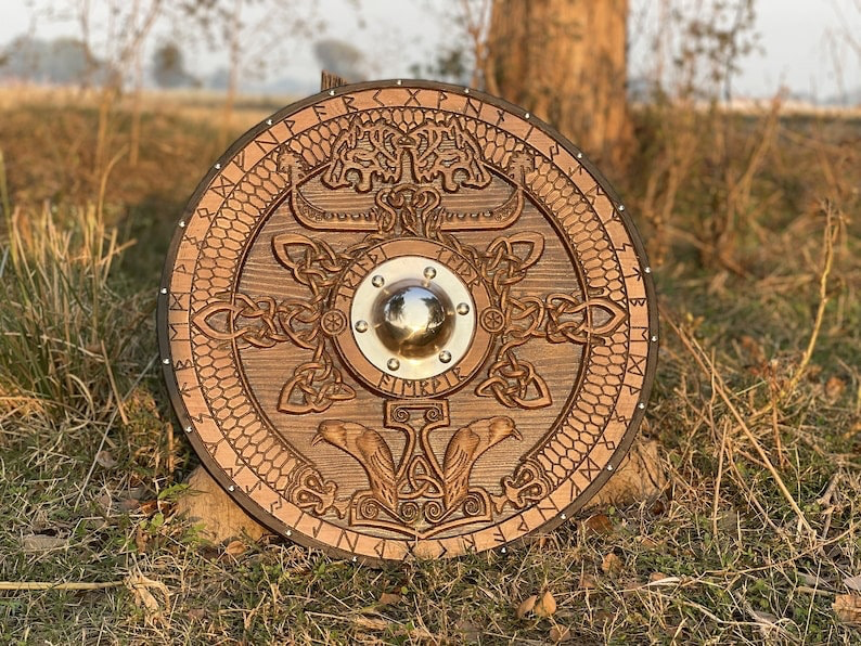 Custom Norse\Viking Shield, Medieval Round Shield, Carved Viking Gift, Wall Decor, Cosplay Shield, Birthday&Wedding Gifts, Personalized Gift | Arham Cutlery Arham Cutlery