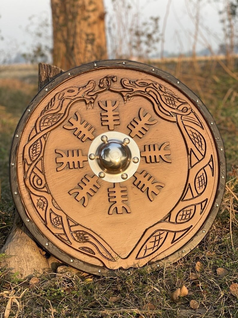Norse/Viking Shield, Carved Helm of Awe Design for Wall Decor, Medieval Round Shield, Cosplay Shield, Ideal Gifts for Birthdays &Anniversary | Arham Cutlery Arham Cutlery
