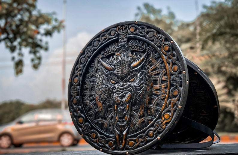 Custom Medieval / Norse Fenrir Shield, Viking Round Shield, Viking Wolf Shield Cosplay Shield, Viking Wall Decor, Birthday & Anniversary Gift | Arham Cutlery