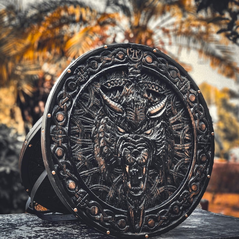 Custom Medieval / Norse Fenrir Shield, Viking Round Shield, Viking Wolf Shield Cosplay Shield, Viking Wall Decor, Birthday & Anniversary Gift | Arham Cutlery Arham Cutlery