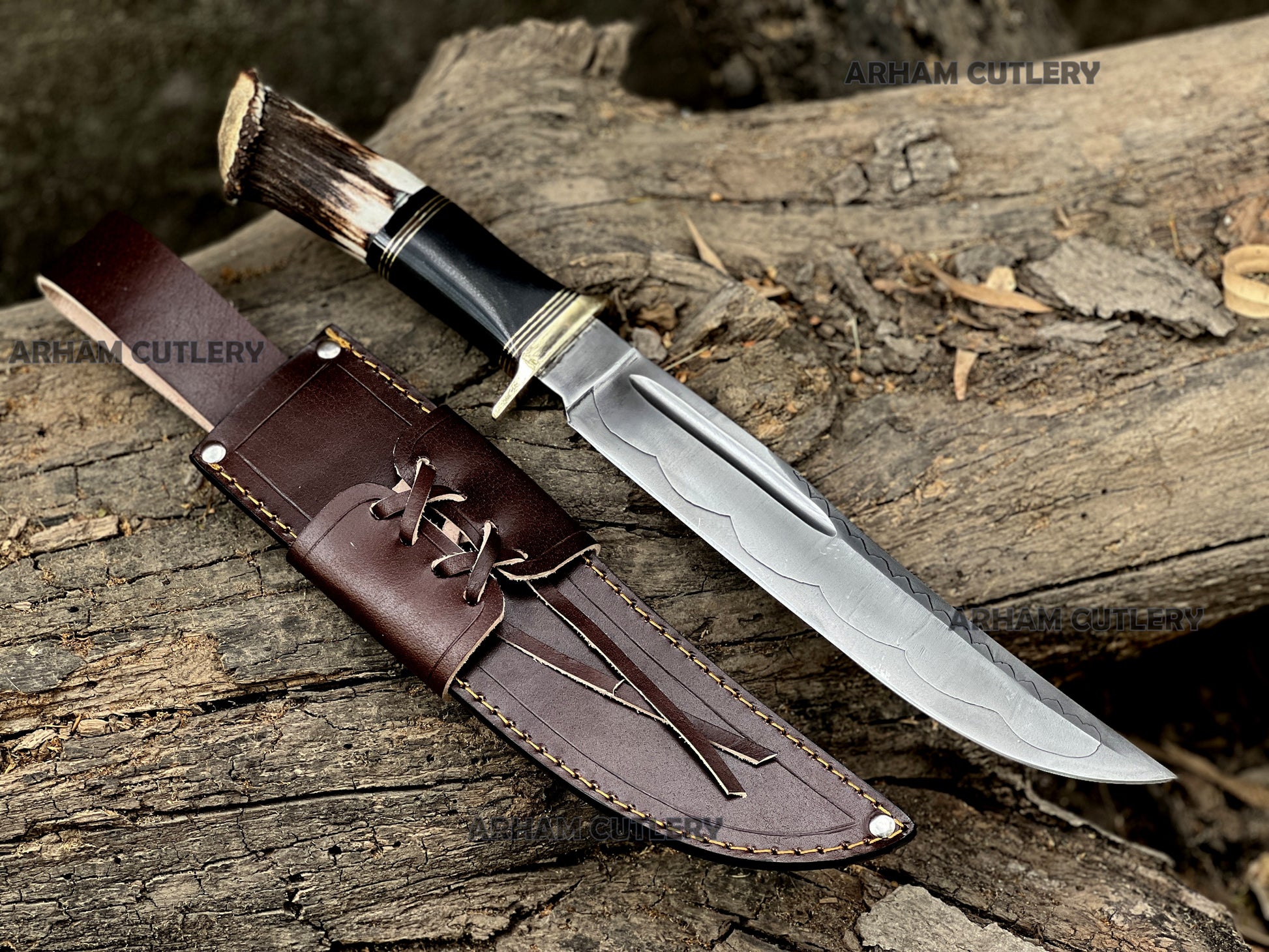 Stag Horn Hunter Handmade J2 Stainless Steel Knife with Brass Guard