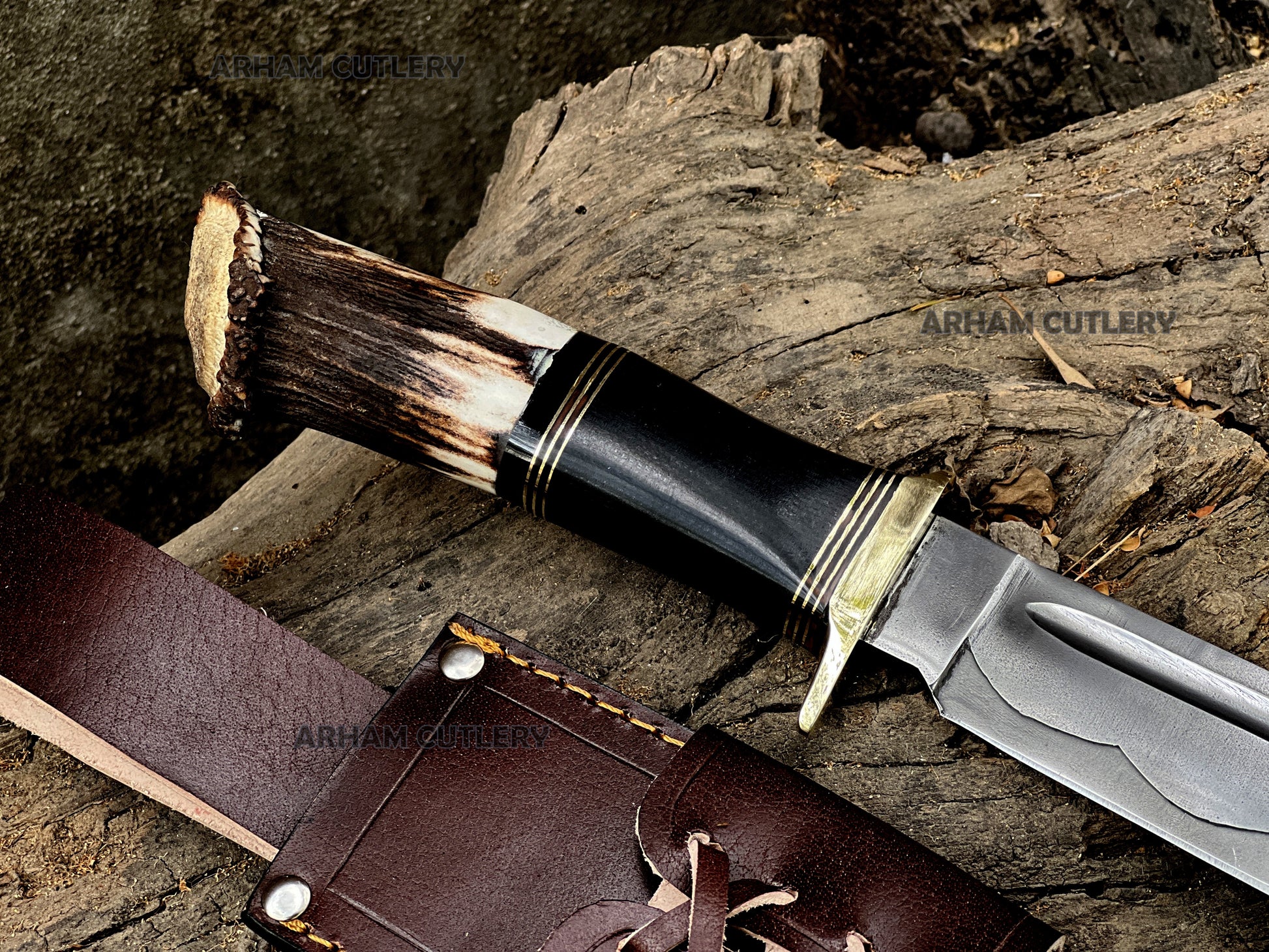 Stag Horn Hunter Handmade J2 Stainless Steel Knife with Brass Guard