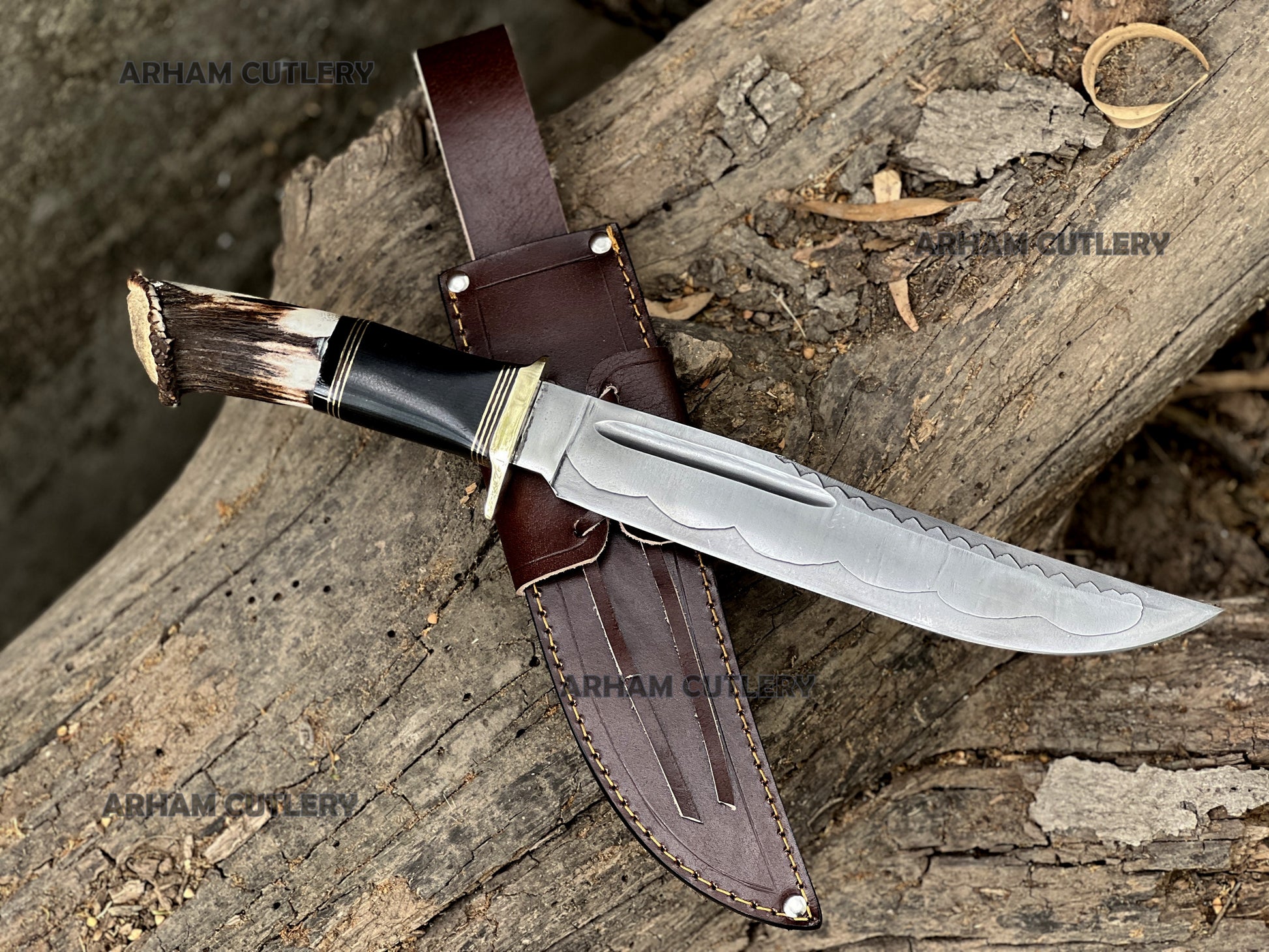 Stag Horn Hunter Handmade J2 Stainless Steel Knife with Brass Guard
