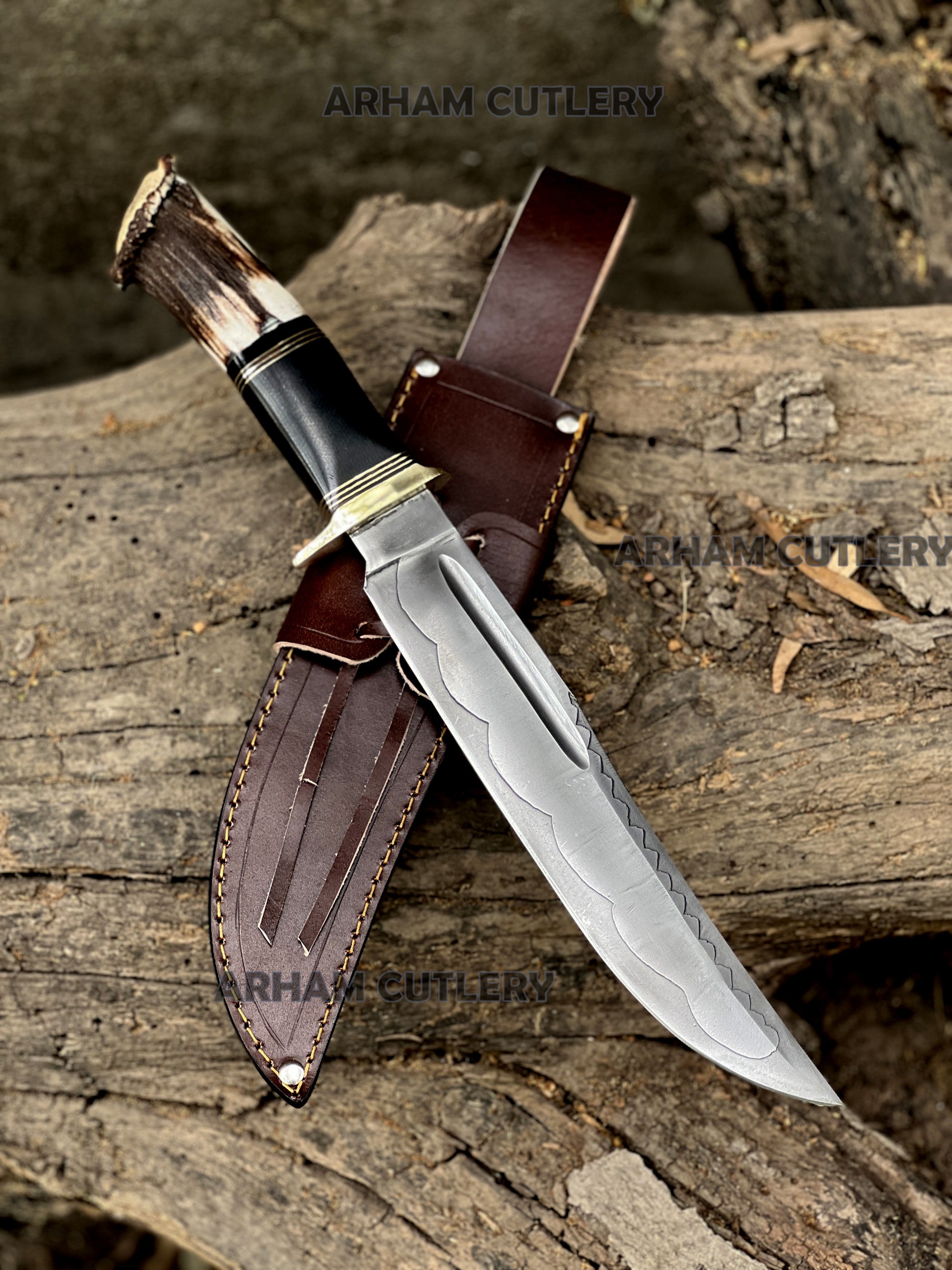Stag Horn Hunter Handmade J2 Stainless Steel Knife with Brass Guard