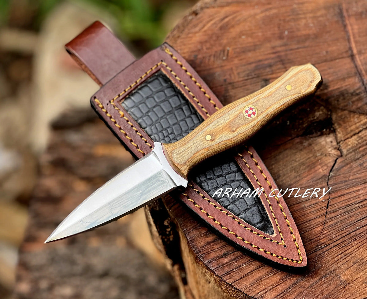 Handmade D2 Steel Boot Knife with Pakkawood Handle & Leather Sheath – 7.5" Mirror Polish Blade - Arham Cutlery