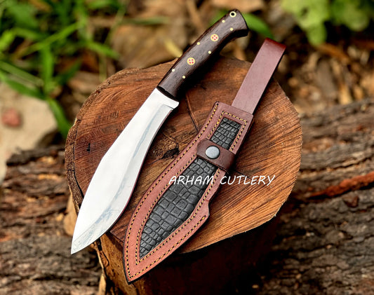 Handmade D2 Steel Hunting Knife – Mirror Polish Blade, Wenge Wood Handle with Leather Sheath - Arham Cutlery