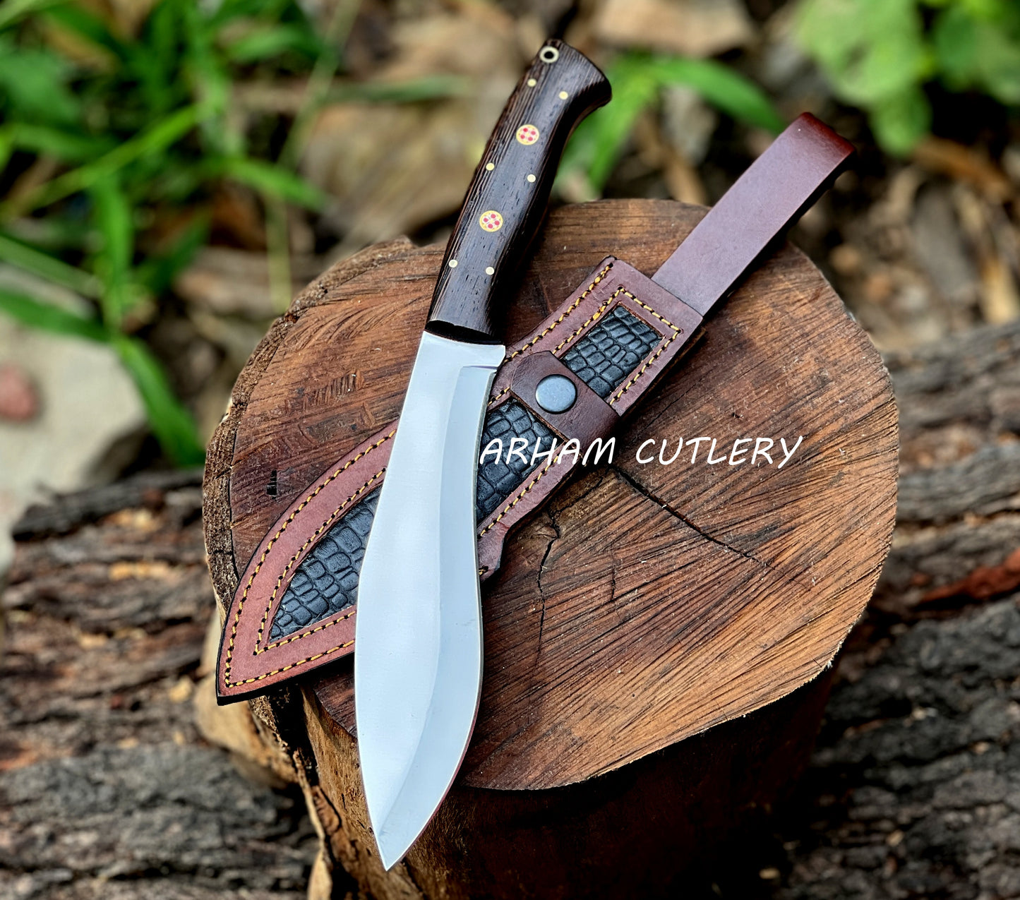 Handmade D2 Steel Hunting Knife – Mirror Polish Blade, Wenge Wood Handle with Leather Sheath